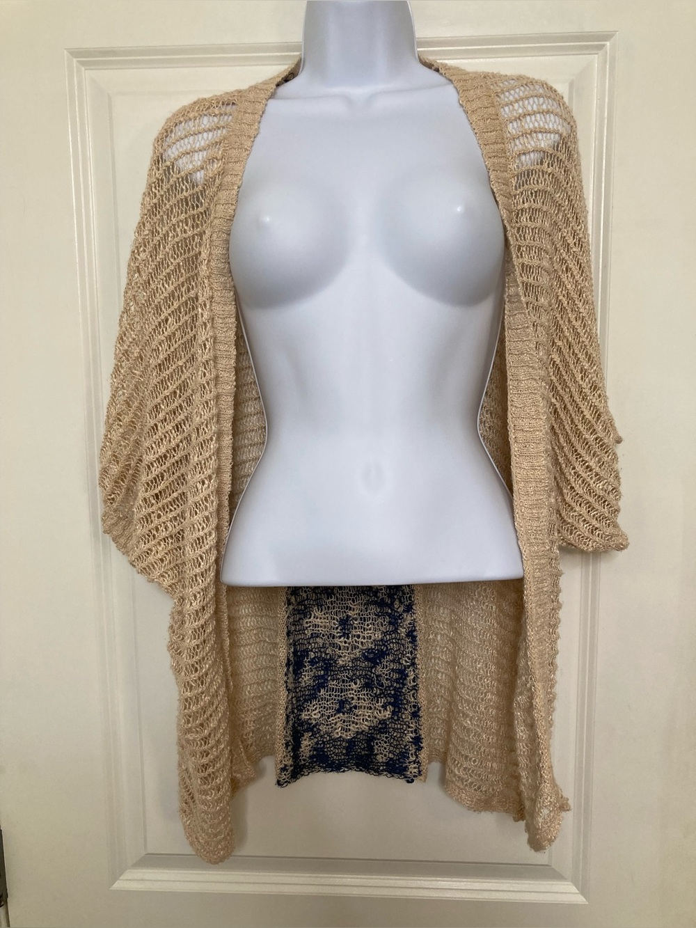 Sweet Journey Boho Open Knit Cardigan Cream Blue Geometric Size M Hippie